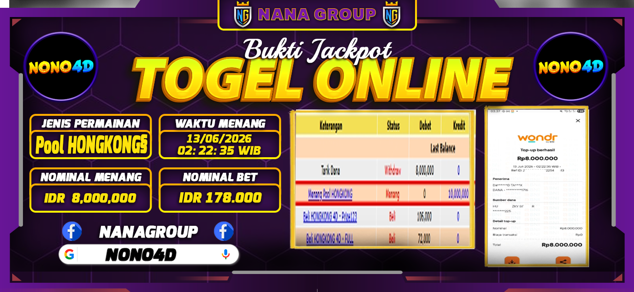 Bukti Kemenangan Besar Dibayar lunas Member NONO4D RP 8.000.000, 13 Juni 2026