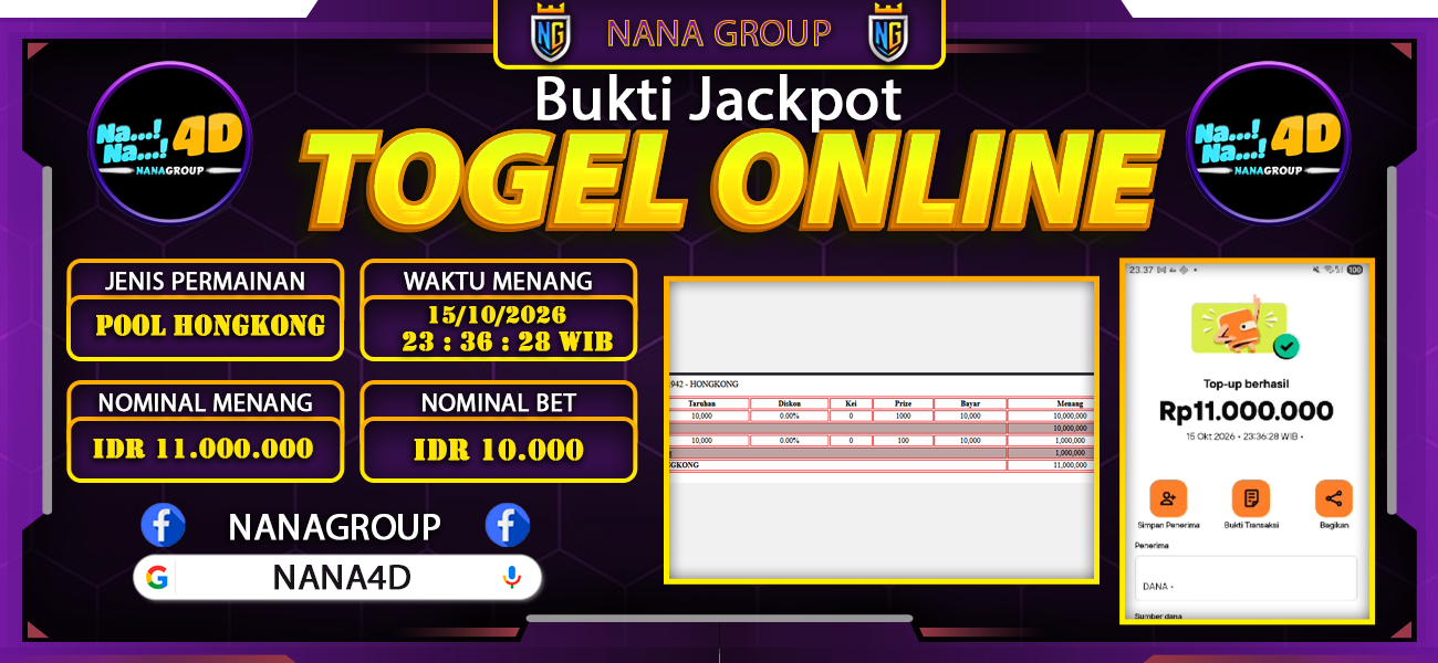 Bukti Kemenangan Besar Dibayar lunas Member NANA4D RP 11.000.000, 15 Oktober 2026