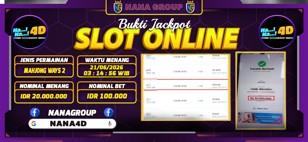 Bukti Kemenangan Besar Dibayar lunas Member NANA4D RP 20.000.000, 21 Juni 2026