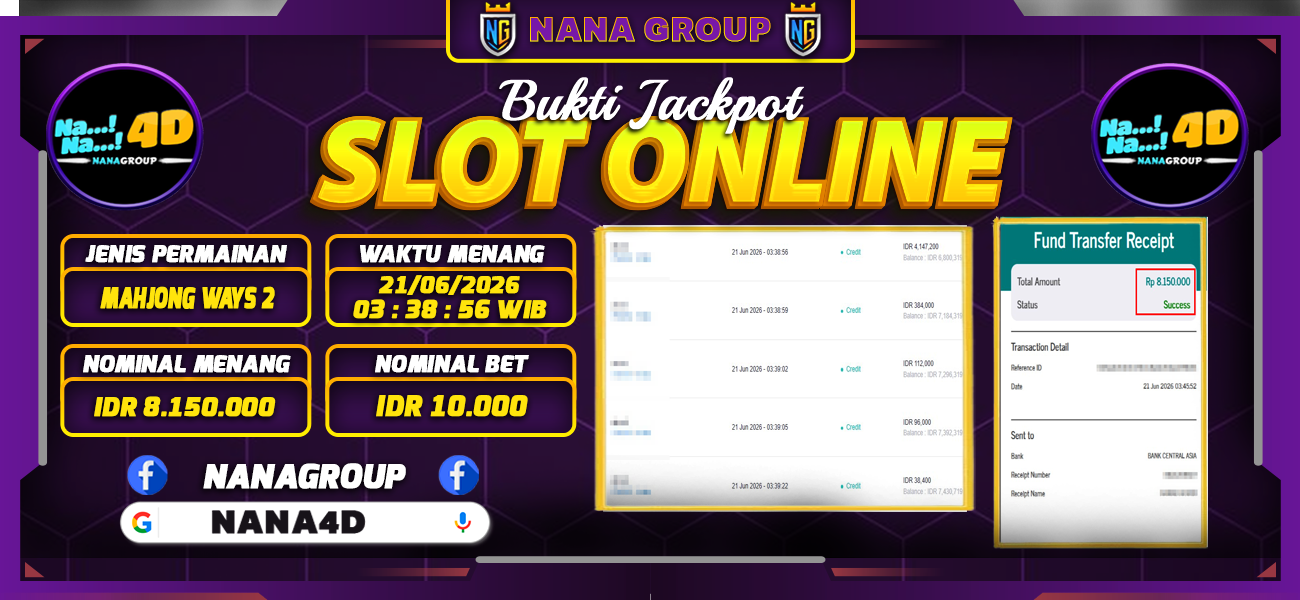 Bukti Kemenangan Besar Dibayar lunas Member NANA4D RP 8.150.000, 21 Juni 2026