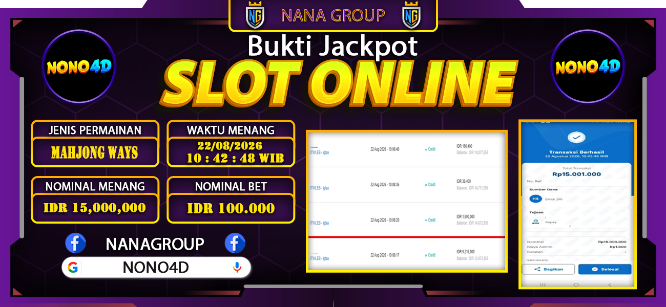 Bukti Kemenangan Besar Dibayar lunas Member NONO4D RP 15.000.000, 22 Agustus 2026