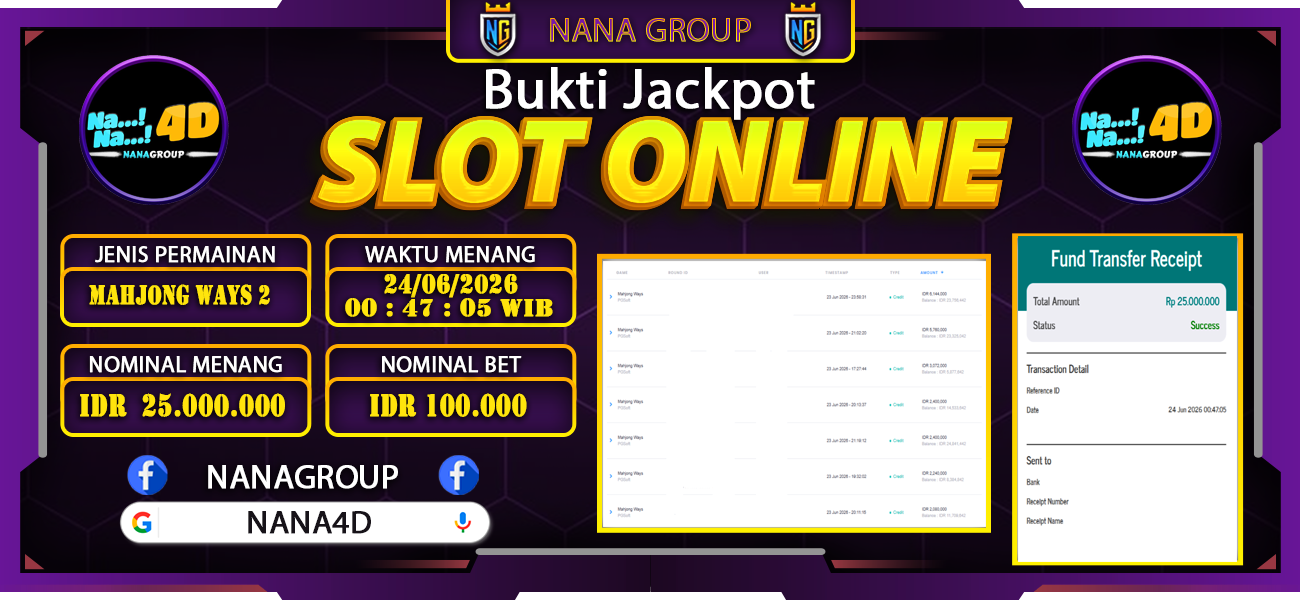 Bukti Kemenangan Besar Dibayar lunas Member NANA4D RP 25.000.000, 24 Juni 2026