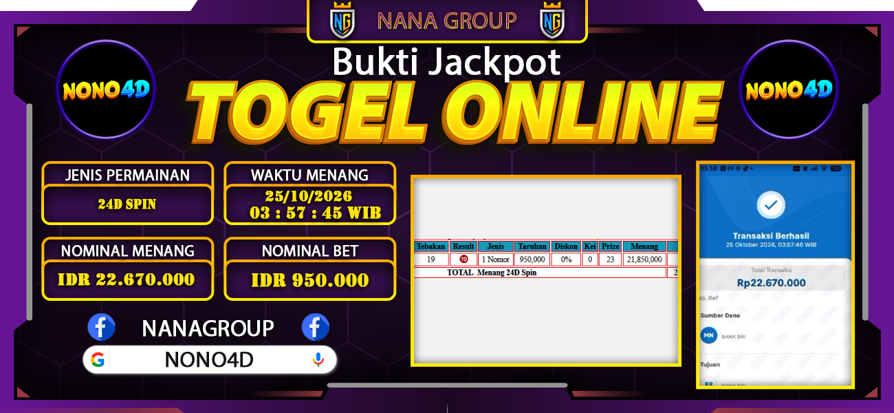 Bukti Kemenangan Besar Dibayar lunas Member NONO4D RP 22.670.000, 25 Oktober 2026