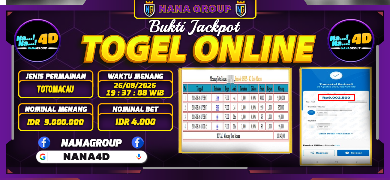 Bukti Kemenangan Besar Dibayar lunas Member NANA4D RP 9.000.000, 26 Agustus 2026