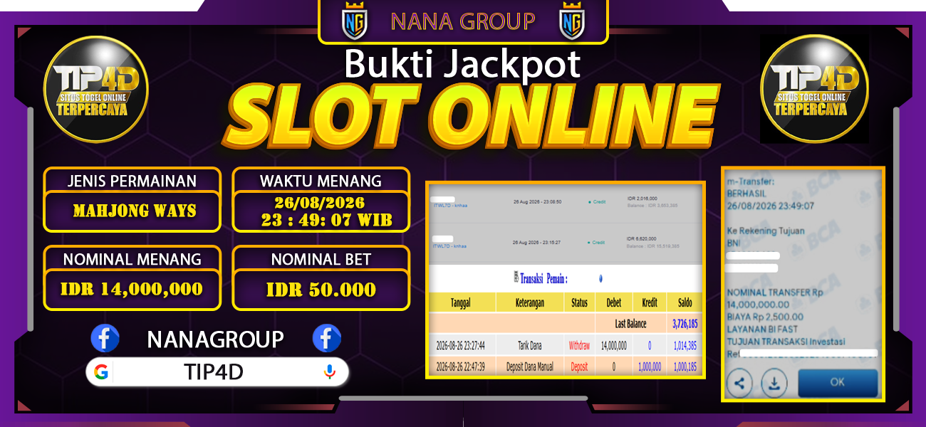 Bukti Kemenangan Besar Dibayar lunas Member TIP4D RP 14.000.000, 26 Agustus 2026
