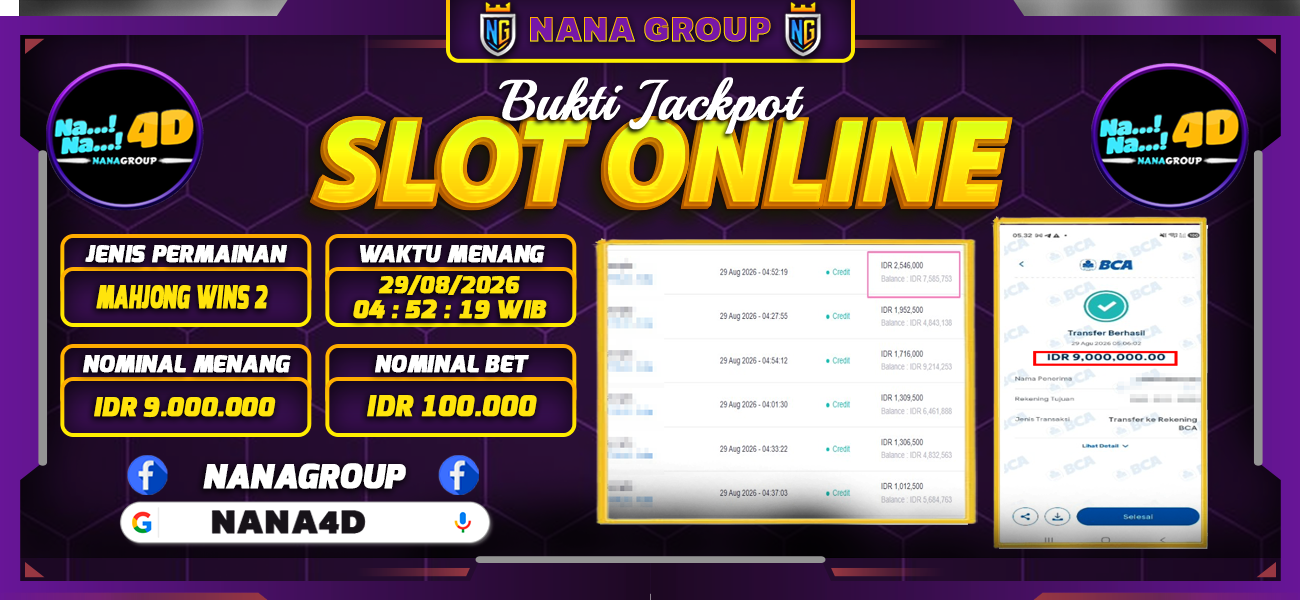 Bukti Kemenangan Besar Dibayar lunas Member NANA4D RP 9.000.000, 29 Agustus 2026