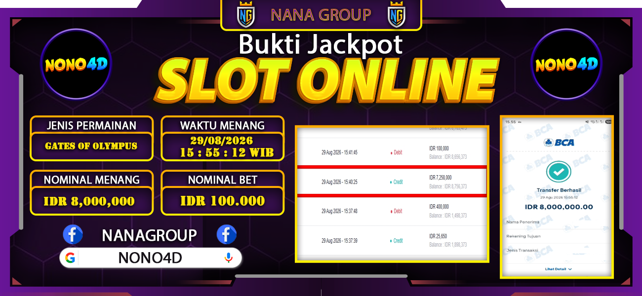 Bukti Kemenangan Besar Dibayar lunas Member NONO4D RP 8.000.000, 29 Agustus 2026